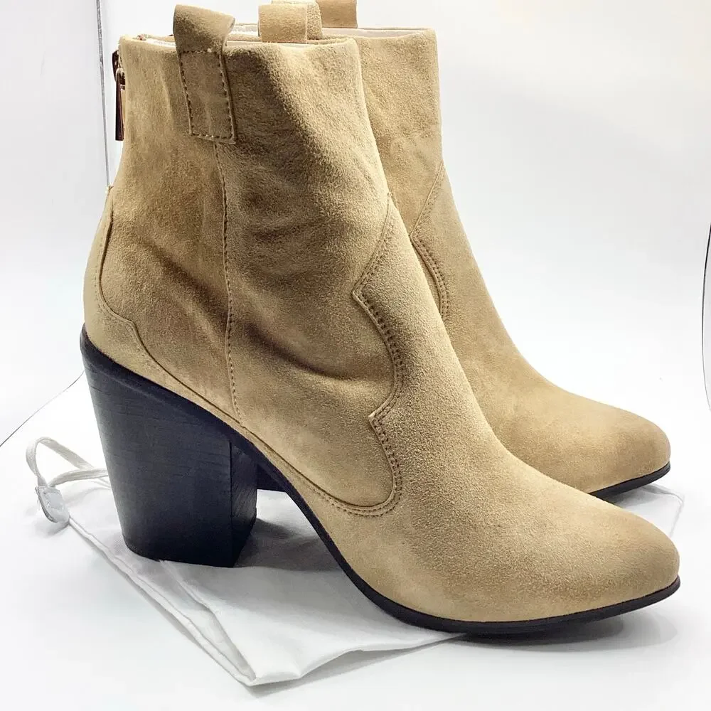 Revolve Raye Ella Tan Suede Heeled Western Ankle Cowboy Boot 9 NEW